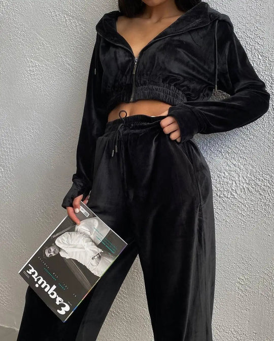 Damen Samt-Loungewear-Set mit Cropped Zip-Kapuzenjacke und weiter Palazzohose EB