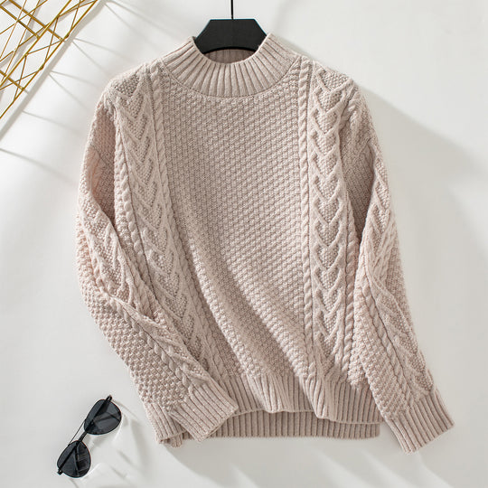 Damen Strickpulli mit auffälligem Zopfmuster und hohem Kragen EB