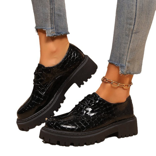 Damen Schnürschuhe im modischen Krokodilleder-Look mit robustem Profilsohle EB