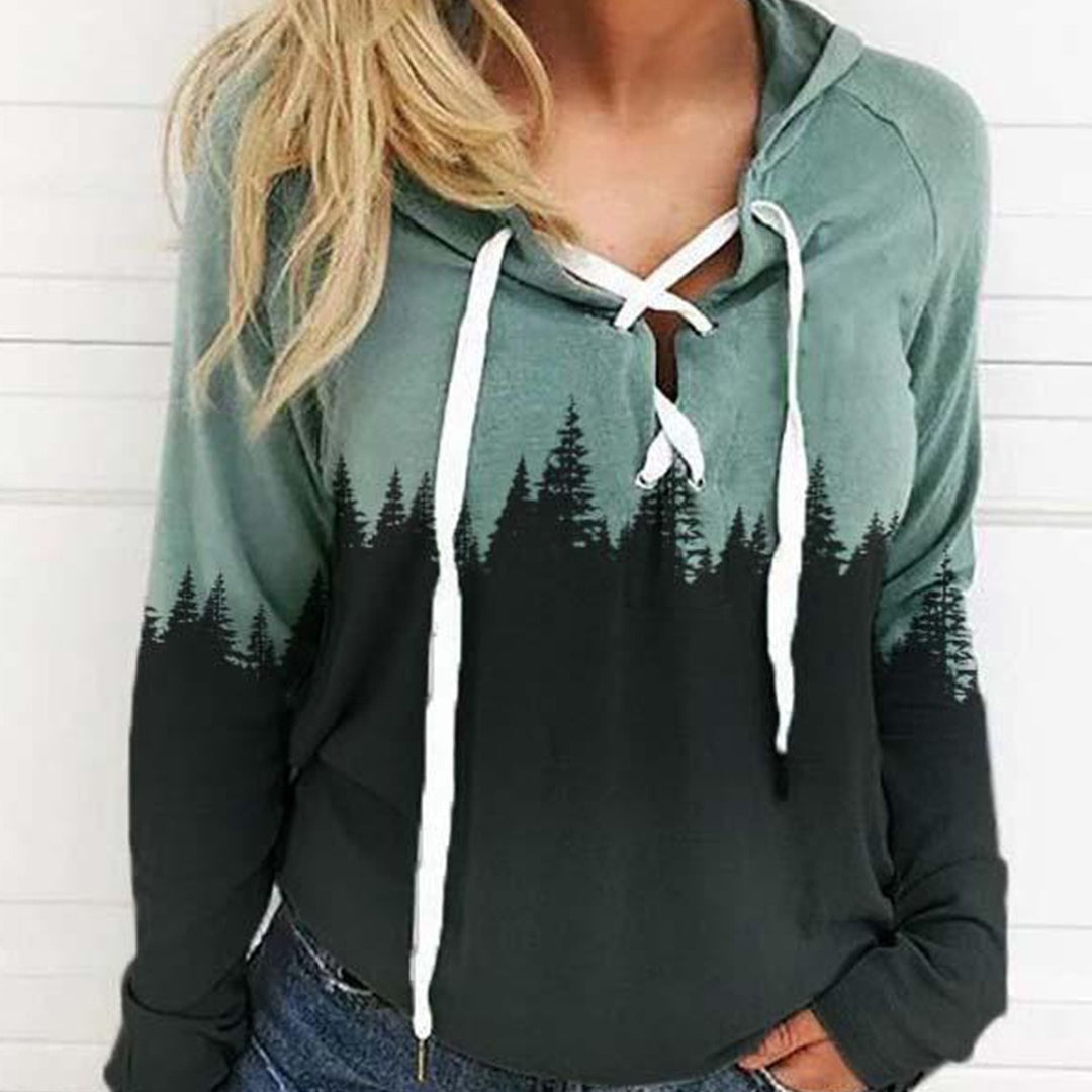 Damen Kapuzenpullover mit Waldprint, Schnürdetail und Raglanärmeln EB