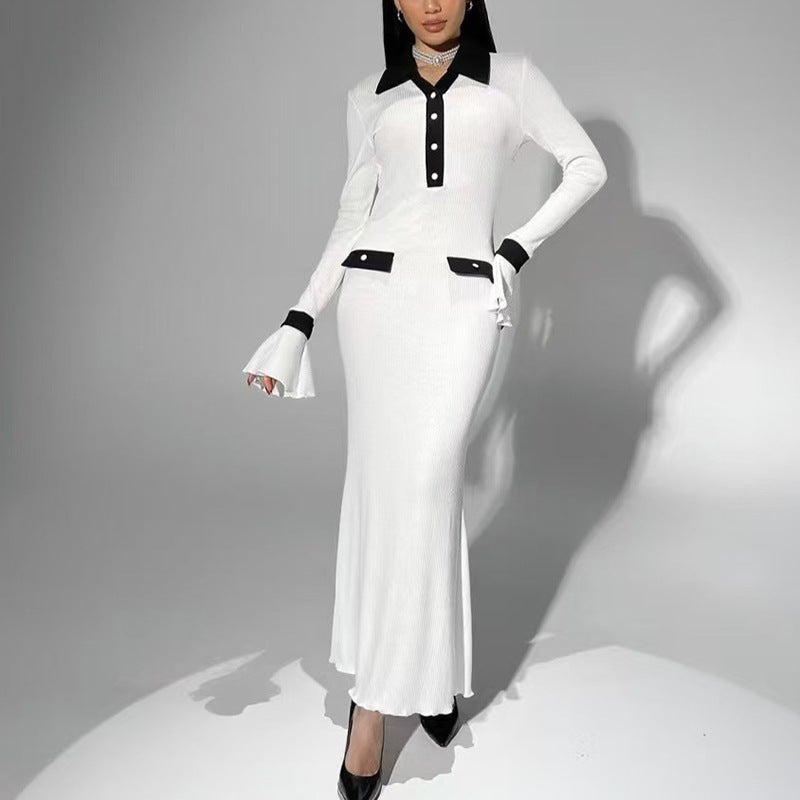 Damen elegantes Maxikleid mit Kontrastkragen und schmeichelhaften Ärmelverzierungen EB
