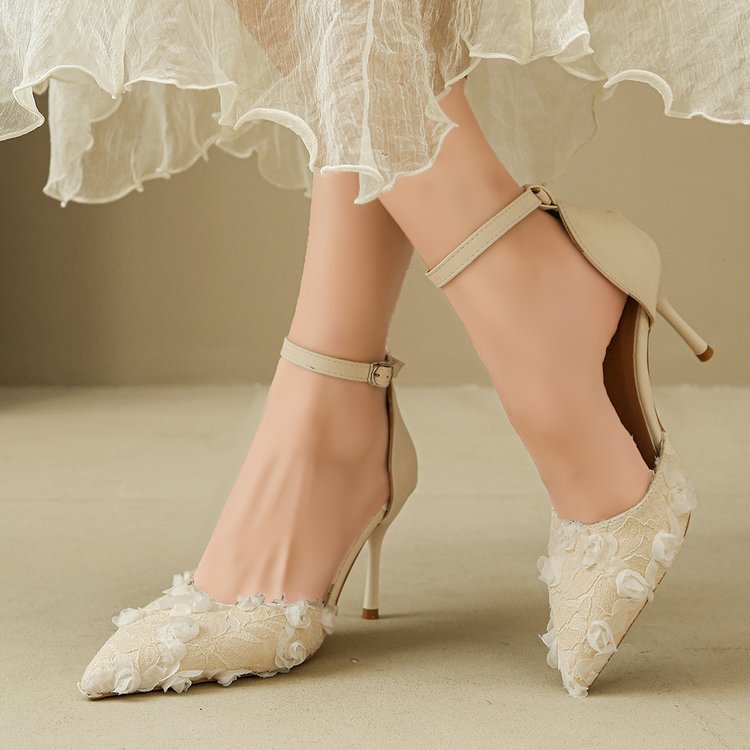 Damen elegante High Heels mit floralem Spitzendesign und verstellbarem Riemen EB
