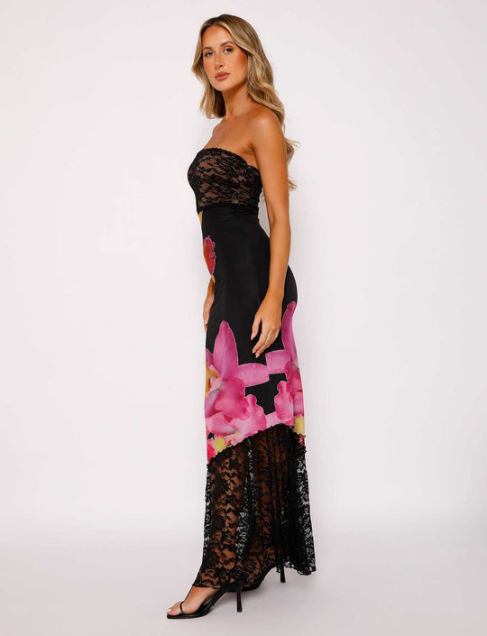 Damen Off-Shoulder Spitzenkleid mit Floral-Akzenten und transparentem Unterstoff EB