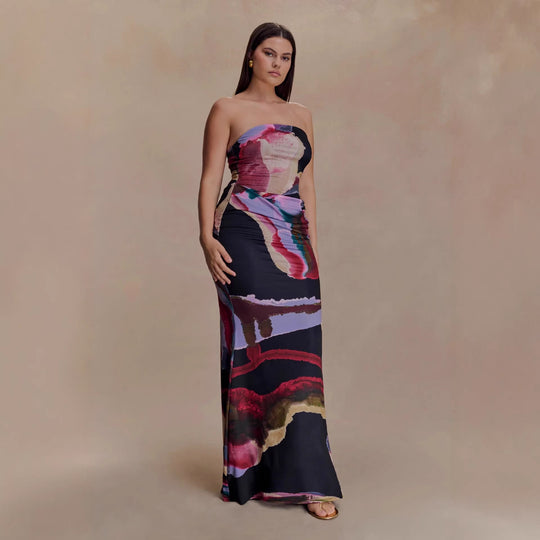 Damen Strapless Maxikleid mit fließendem Stoff und kunstvollem Druck EB