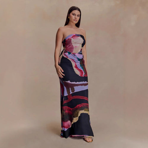 Damen Strapless Maxikleid mit fließendem Stoff und kunstvollem Druck EB