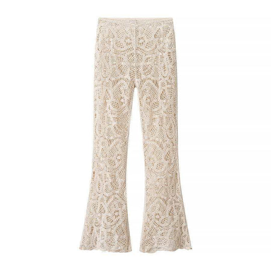 Damen nan gehäkelte Schlaghose mit floralem Crochetmuster, elastischem Bund und teilgefüttertem Innenbein EB