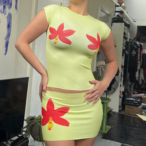 Damen modisches Oberteil und Rock Set mit floralem Design EB