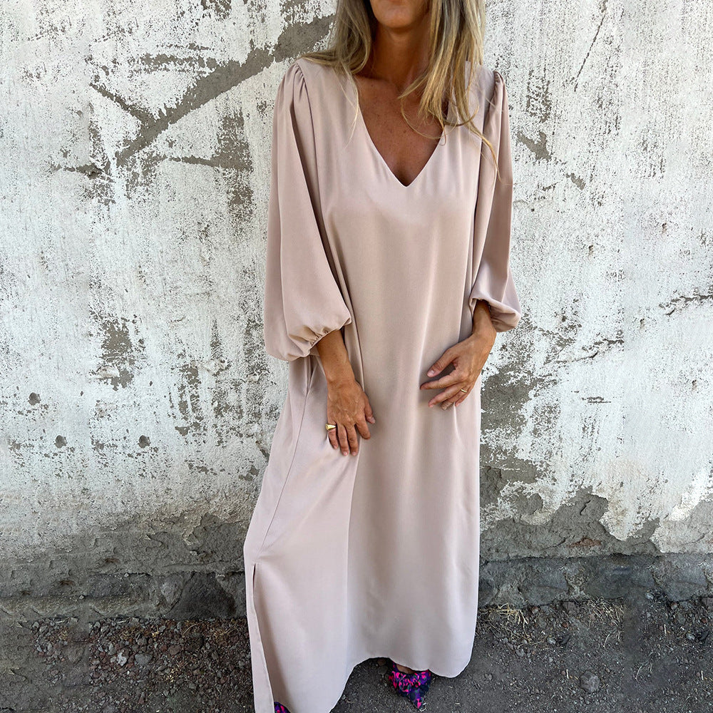 Damen Maxi-Kleid mit eleganten Puffärmeln und seitlichen Schlitzen EB