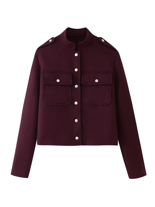 Damen kurze Militärjacke mit Taschen und dekorativen Knöpfen EB