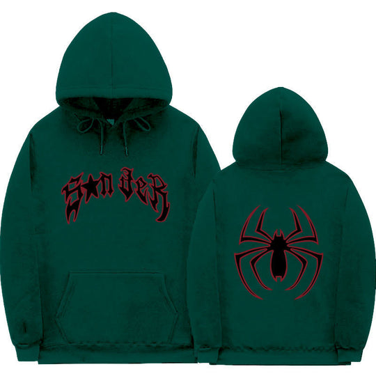 Damen Kapuzenpullover mit auffälligem Spinnenmotiv und grobem Schriftzug EB