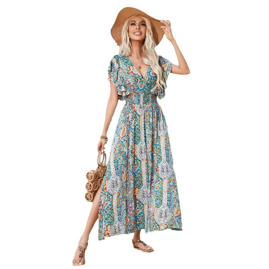Damen Maxikleid mit verspieltem Mustermix und Rüschendetails EB