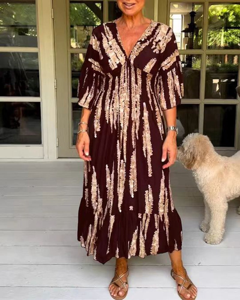 Damen nan Maxikleid mit V-Ausschnitt, vertikalem Pinselprint, geraffter Unterbrustnaht und stufigem Volantrock EB