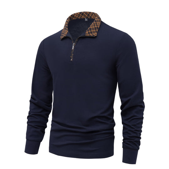 Herren Langarm-Halfzip-Pullover mit Troyerkragen und kariertem Innenkragen EB