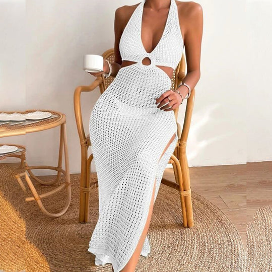 Damen elegantes Häkelkleid mit tiefem Ausschnitt EB