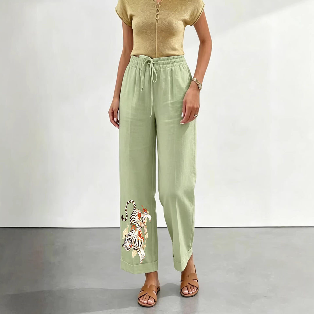 Damen nan lässige Leinen-Baumwoll Culotte mit elastischem Bund und Tigerstickerei EB