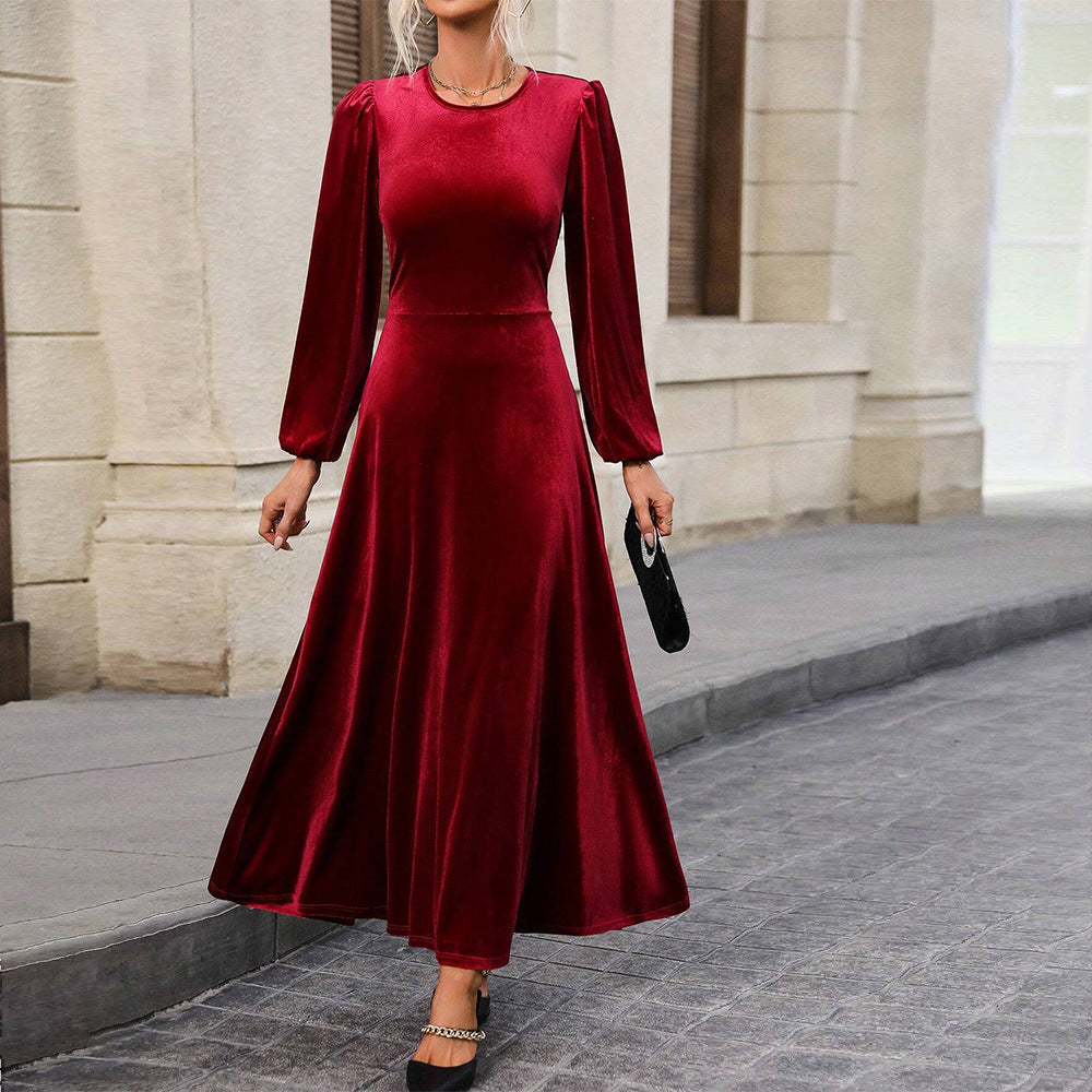 Damen elegantes Samt-Maxikleid mit taillierter Corsage, langen Ballonärmeln und fließender A-Linien-Rock Eichborn Berlin