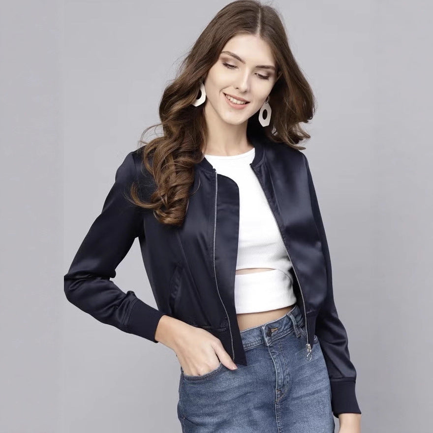 Damen Kurze Satin-Bomberjacke mit Reißverschluss, Rippbündchen und Eingrifftaschen EB
