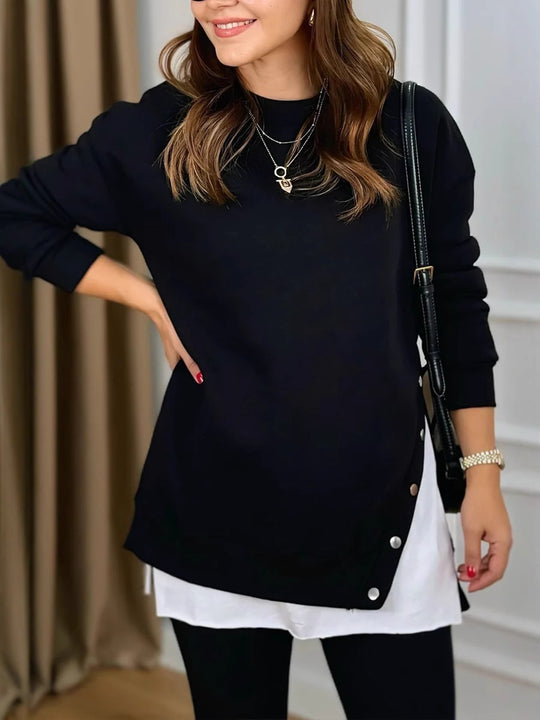 Damen Longpullover mit Modischen Druckknöpfen EB