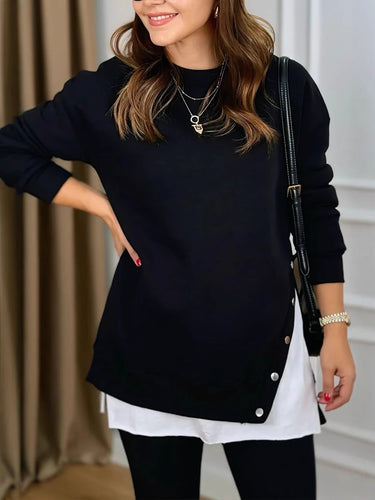 Damen Longpullover mit Modischen Druckknöpfen EB