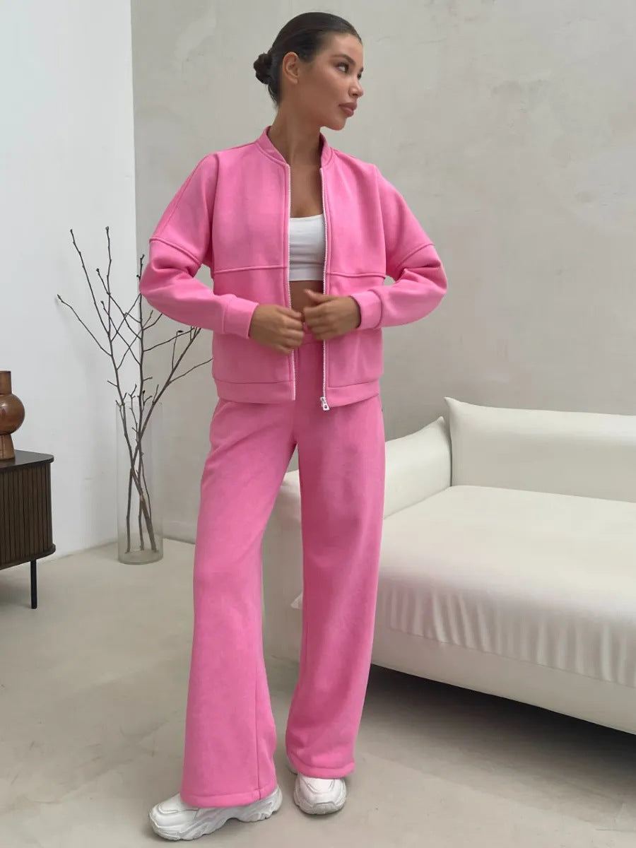 Damen Zweiteiliges Loungewear-Set mit kurzem Bomber-Zip und weiter hochgeschnittener Jogginghose EB