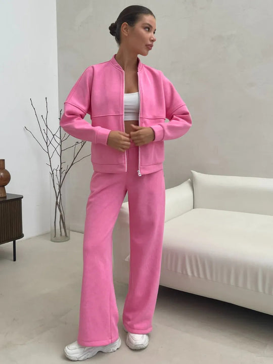 Damen Zweiteiliges Loungewear-Set mit kurzem Bomber-Zip und weiter hochgeschnittener Jogginghose EB