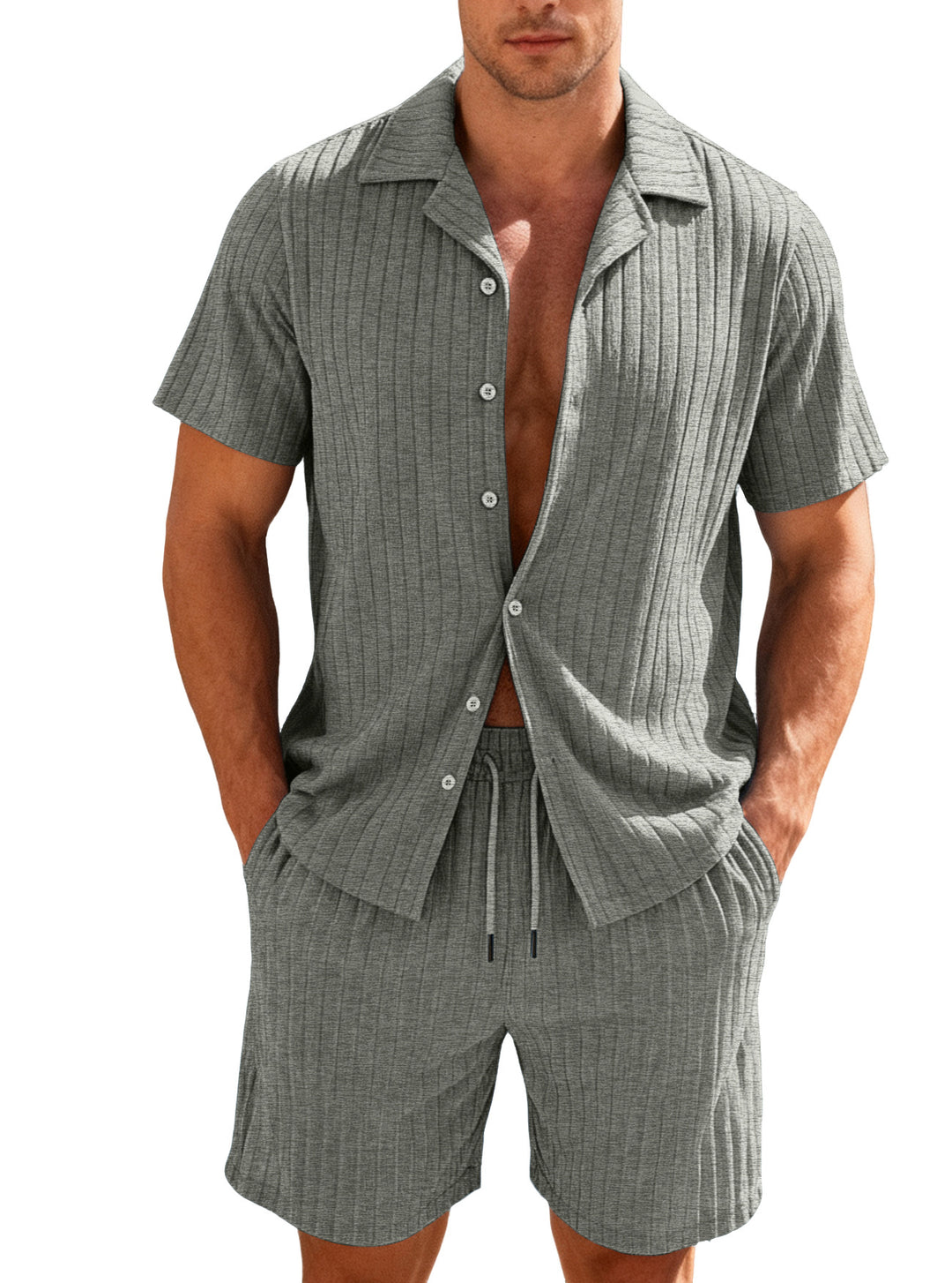 Herren nan geripptes Feinstrick-Lounge-Set mit kurzärmligem Revershemd und Kordelshorts EB