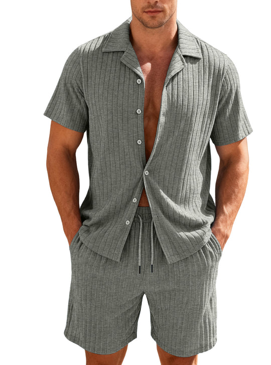 Herren nan geripptes Feinstrick-Lounge-Set mit kurzärmligem Revershemd und Kordelshorts EB