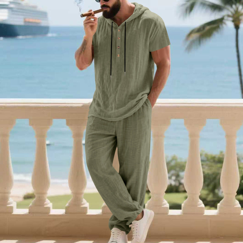 Herren komfortables Freizeit-Set mit modischem Henley-Oberteil und lockeren Hosen EB