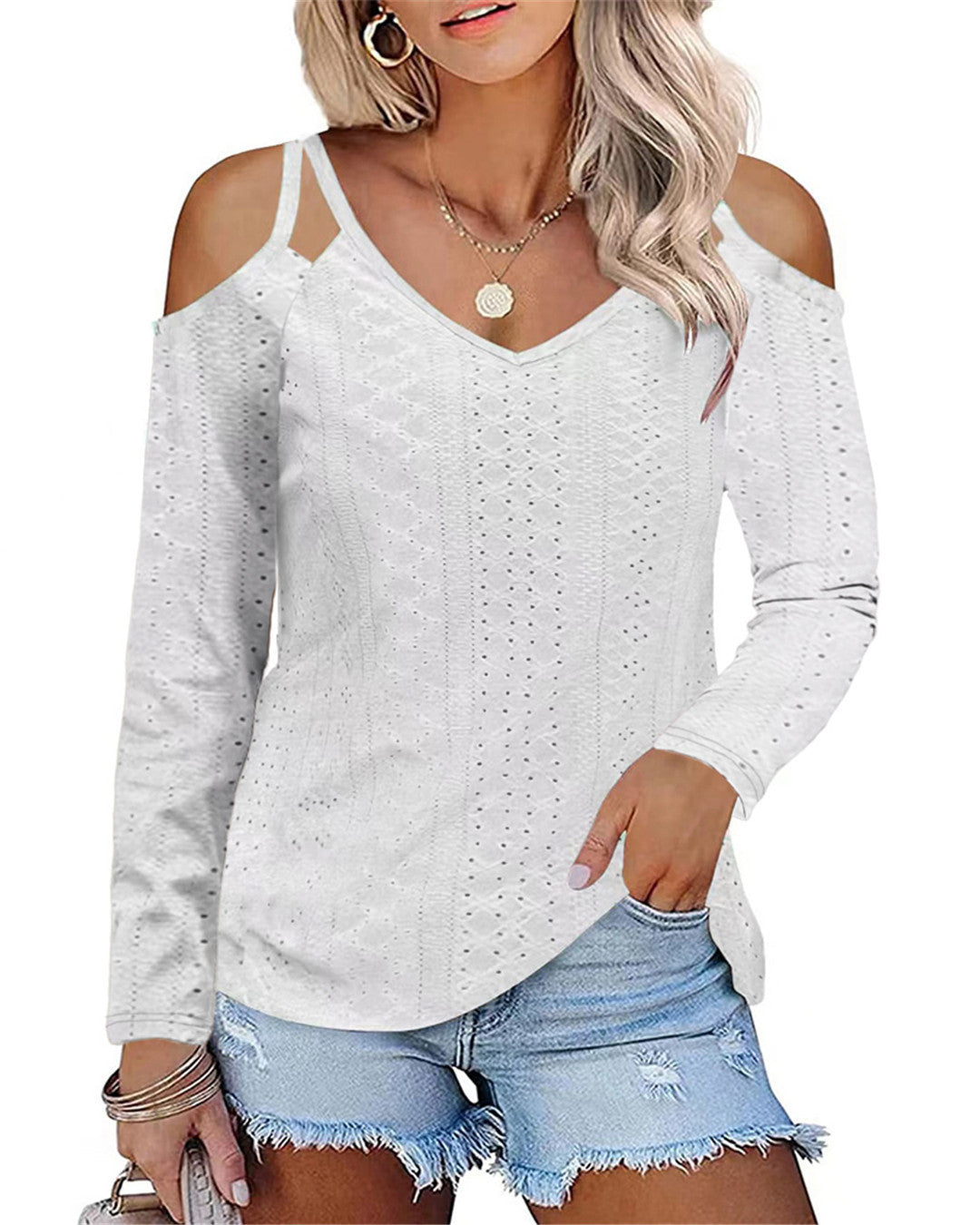 Damen Elegantes Shirt mit angeschnittenen Schultern und V-Ausschnitt EB