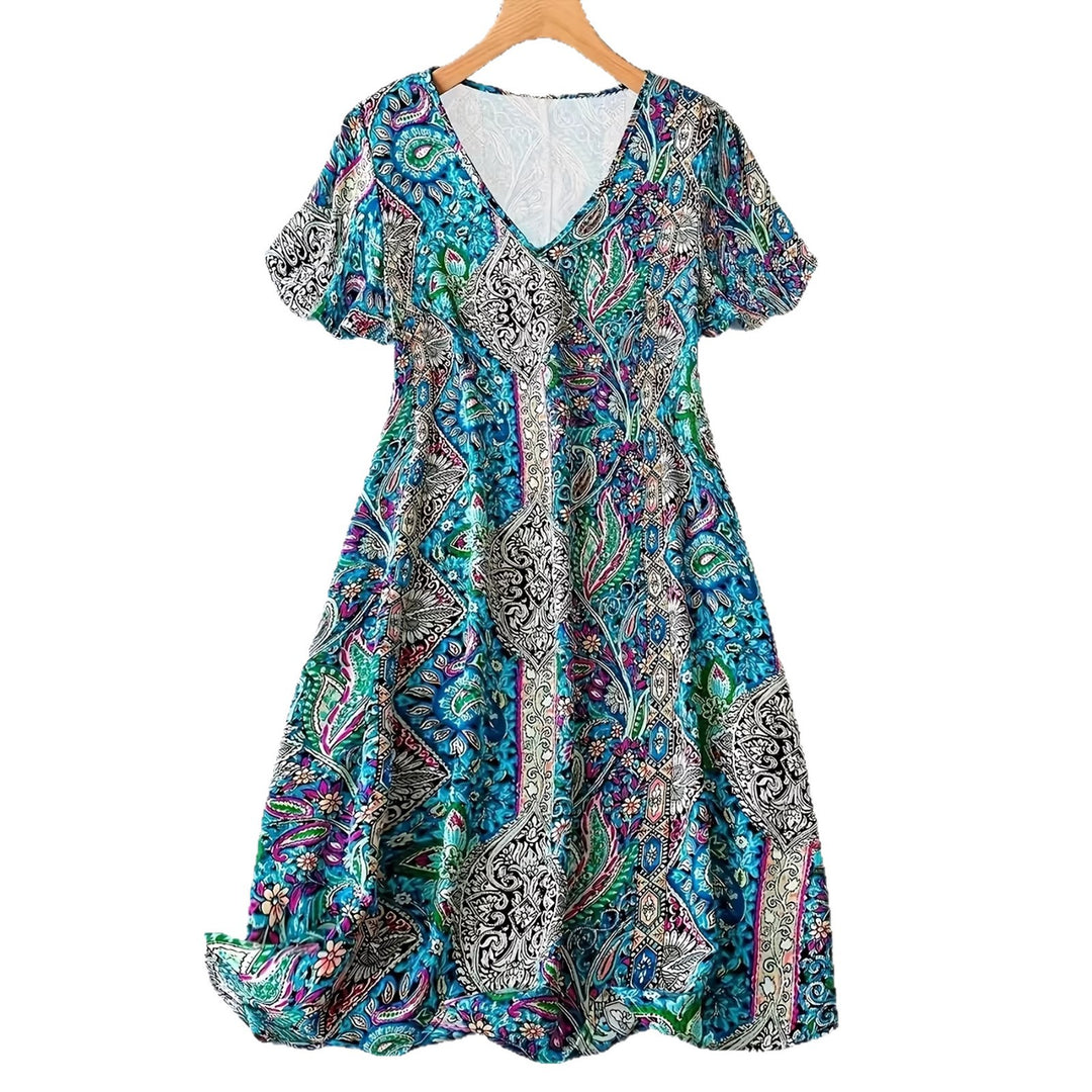 Damen Maxikleid mit V-Ausschnitt und buntem Paisleymuster EB