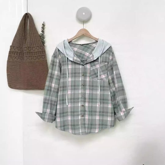Damen nostalgische Karobluse mit Kapuze und Knopfverschluss EB