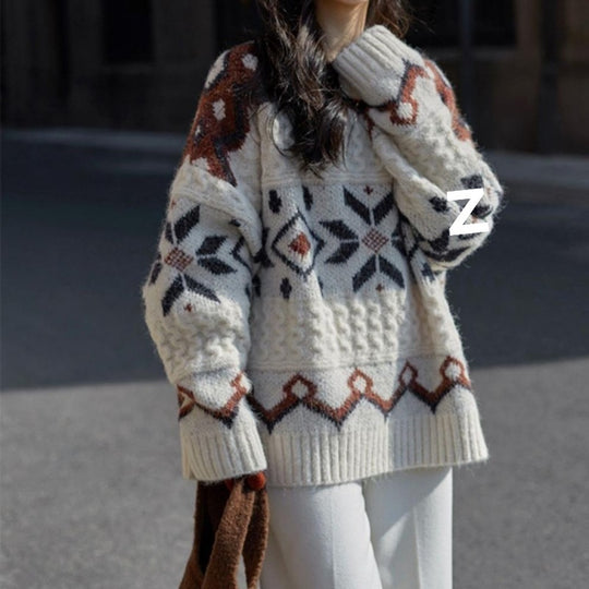 Damen Grobstrickpullover mit geometrischem Muster und Rundhalsausschnitt EB