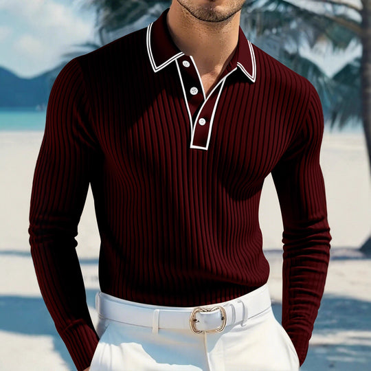 Herren nan schmal geschnittenes Rippstrick-Poloshirt mit Langarm, Kontrastpaspel und feiner Struktur EB