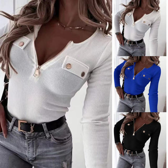 Damen Langarm Bodysuit mit Reißverschluss und dekorativen Knöpfen EB