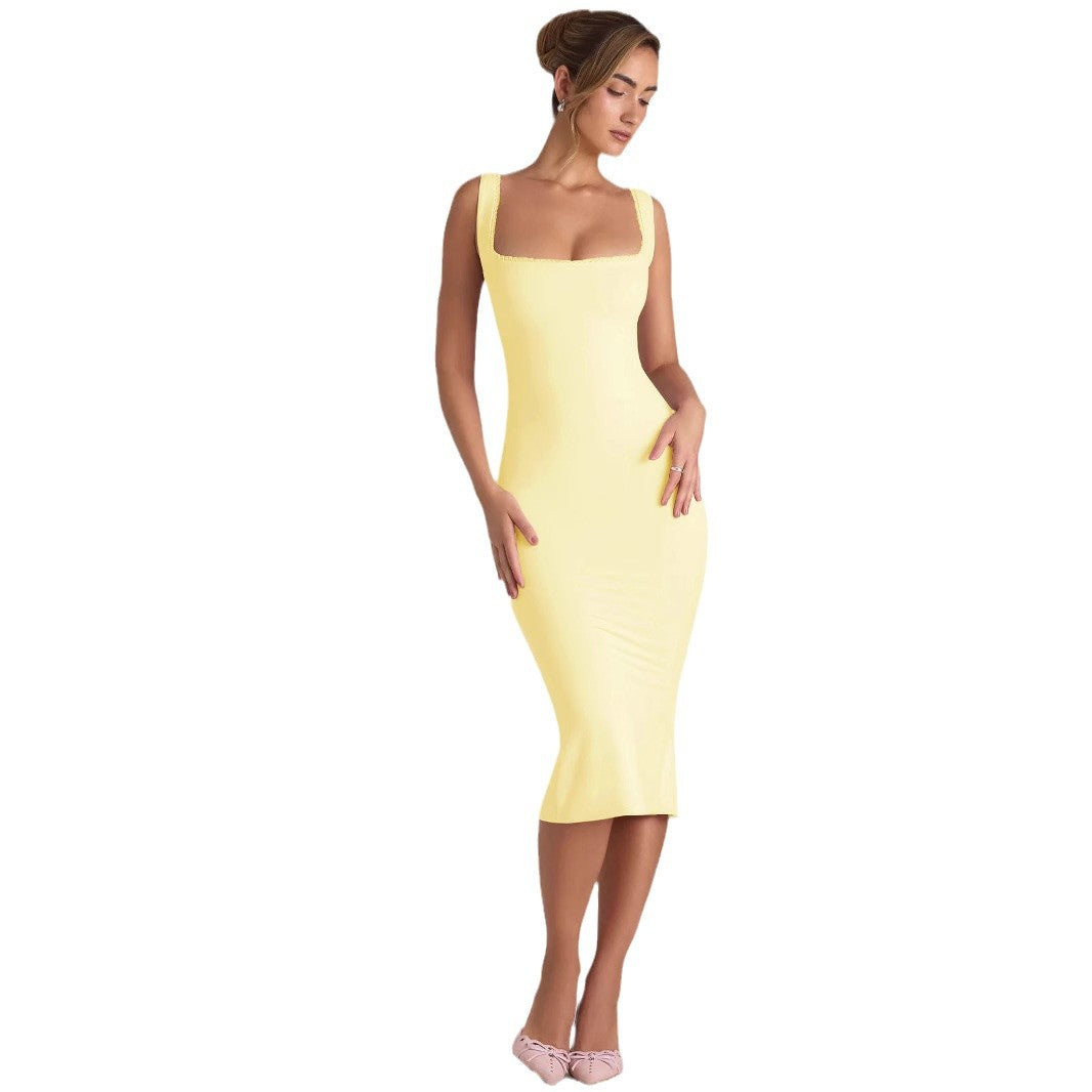 Damen figurbetontes Midikleid mit quadratischem Ausschnitt und Spitzenakzenten EB
