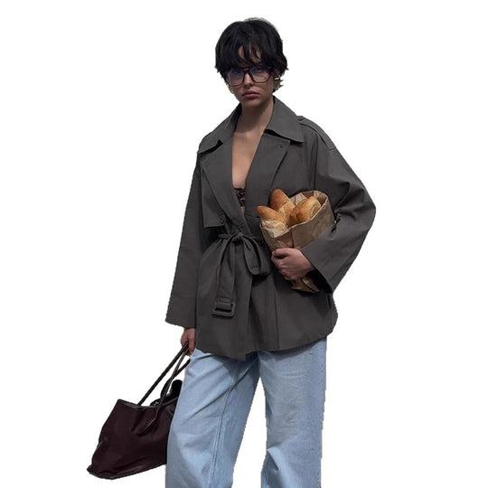 Damen modische Trenchcoat-Jacke mit abnehmbarem Gürtel und oversized Schnitt EB