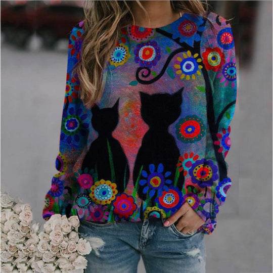 Damen Oversized-Sweatshirt mit künstlerischem Katzen-Print und floraler Musterung EB