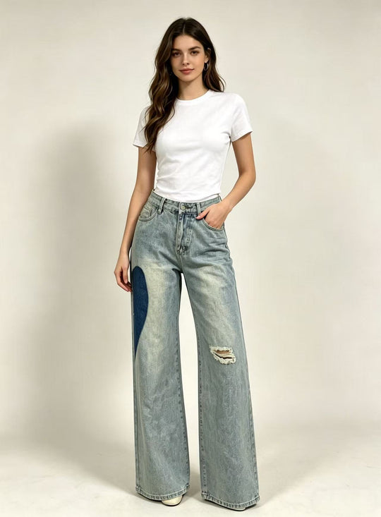 Damen weit geschnittene Denim-Jeans mit einzigartigen Farbakzenten EB