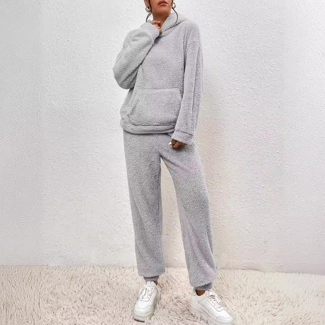 Damen nan kuscheliges Teddy-Fleece Hausanzug-Set mit Kapuze, Kängurutasche und elastischer Jogginghose EB