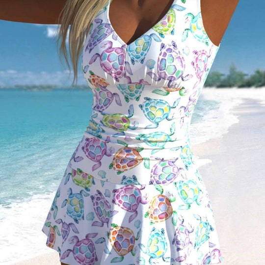 Damen Schwimmdress mit fröhlichem Schildkrötenmotiv und elegantem Rocksaum EB