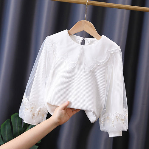Mädchen Bluse mit romantischen Tüllärmeln und floralem Spitzenbesatz EB