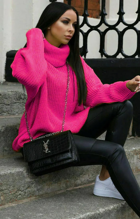 Damen Oversized Strickpullover mit hohem Kragen und modernem Schnitt EB