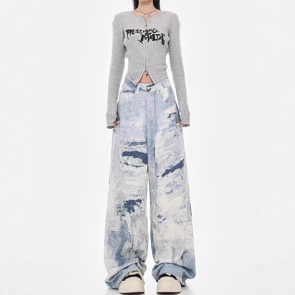 Damen Weite Jeanshose im kreativen Kunstdesign EB