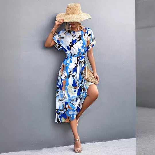 Damen Maxi-Kleid mit fließendem Schnitt und bindbarem Taillengürtel EB