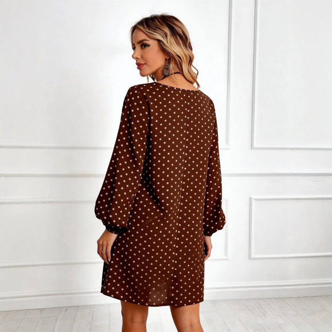 Damen Lockeres Tupfen‑Minikleid mit V‑Ausschnitt, Ballonärmeln und schwingender A‑Linie EB
