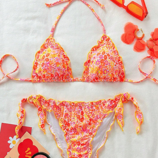 Damen Bikini-Set mit romantischen Rüschendetails und hohem Taillenbund EB