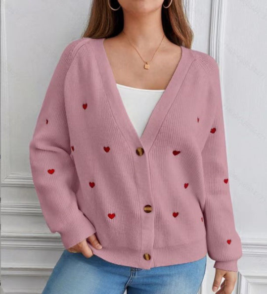 Damen Strickjacke mit Herzapplikationen und Knopfdesign EB