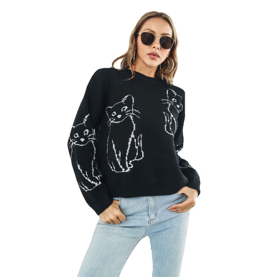Damen Strickpullover mit verspieltem Katzenmotiv und lässigem Schnitt EB