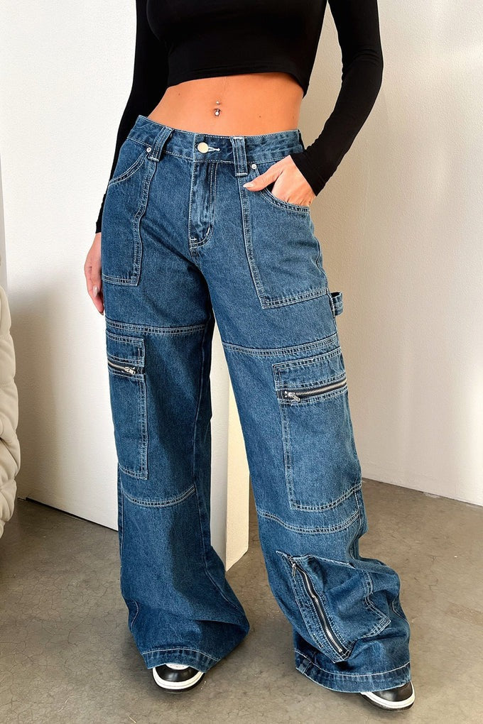 Damen nan weiten Cargo-Jeans mit mehreren Reißverschluss-Taschen und hoher Taille EB