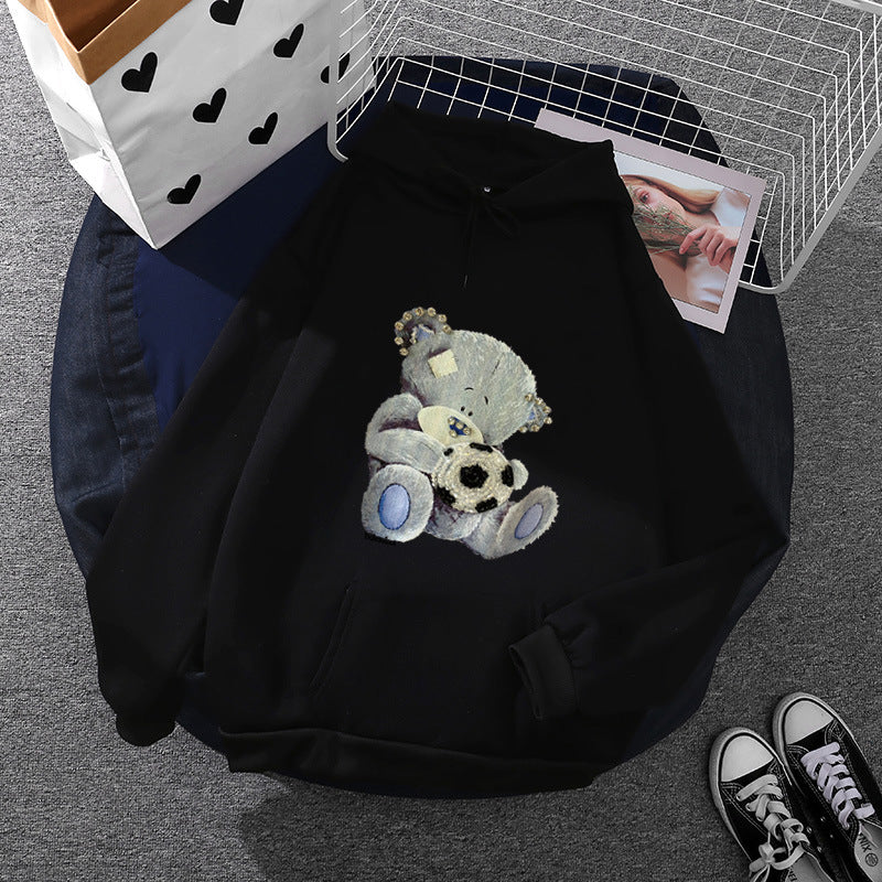 Damen nan kuscheliger Kapuzenpullover mit Teddy-Applikation, weichem Fleece-Futter und Kängurutasche EB